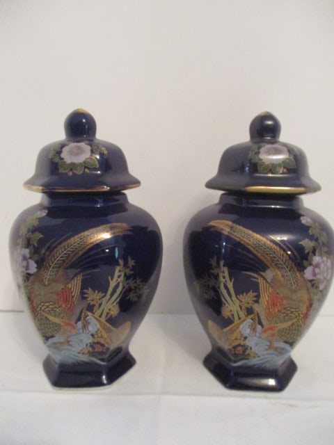 Pair of Brinn's Hand Decorated Cobalt Blue Ginger Jars with Chinese Pheasants Design: 9 1/2"h