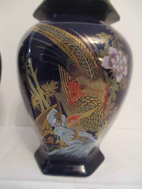Pair of Brinn's Hand Decorated Cobalt Blue Ginger Jars with Chinese Pheasants Design - 2