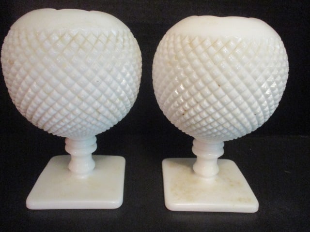 Pair of Vintage Westmoreland Glass Milk Glass English Hobnail Pattern Ivy Bowl Vases: 7"h