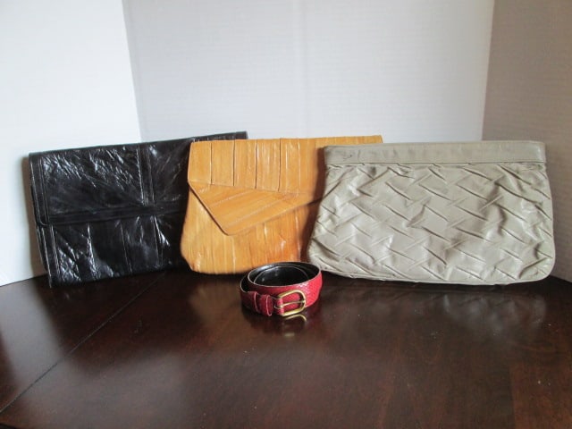 Retro 1980's Mr. Leather Clutch Purse, Two Eel Skin Clutch Purses and Echo Italian: Calfskin Snake Skin Embossed Ladies Belt. Belt size small