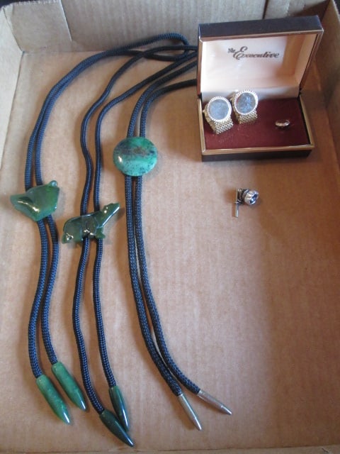 Vintage Mr. Executive Tie Tack and Cuff Link Set in Original Box, Silvertone Tie Tack and: Three Carved Polished Green Jade Bolo String Ties