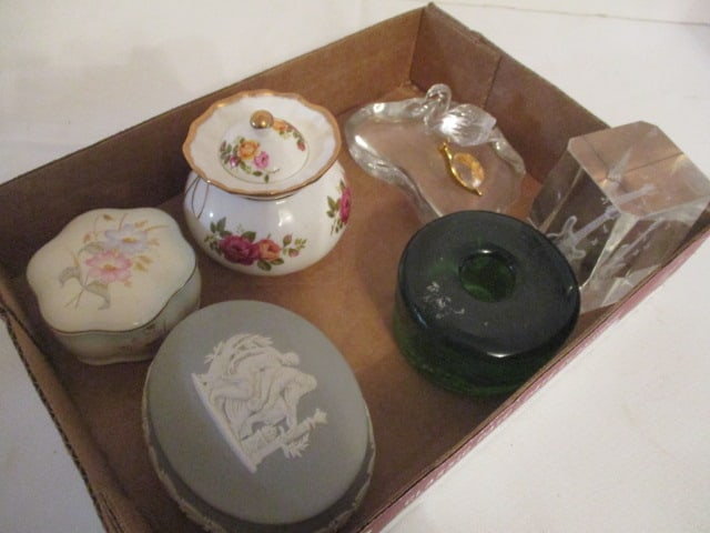Wedgwood, Royal Worcester, Crown Trinket Boxes, Green Blenko Candle Holder and: Crystal Figurines