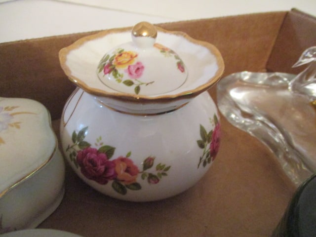 Wedgwood, Royal Worcester, Crown Trinket Boxes, Green Blenko Candle Holder and - 2