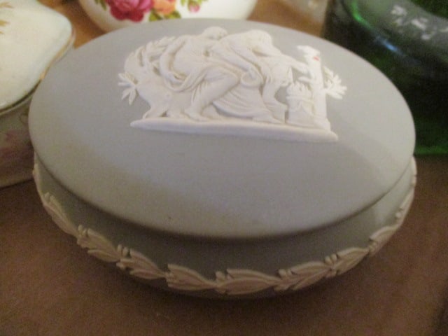 Wedgwood, Royal Worcester, Crown Trinket Boxes, Green Blenko Candle Holder and - 8