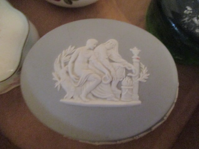 Wedgwood, Royal Worcester, Crown Trinket Boxes, Green Blenko Candle Holder and - 9