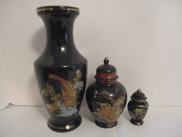 Black Chinoiserie Vase and Ginger Jar with Chinese Pheasant Motif: Vase 410 1/4"h, Ginger jar 6 1/2"h