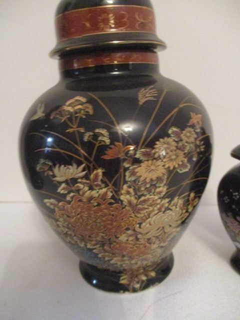 Black Chinoiserie Vase and Ginger Jar with Chinese Pheasant Motif - 4