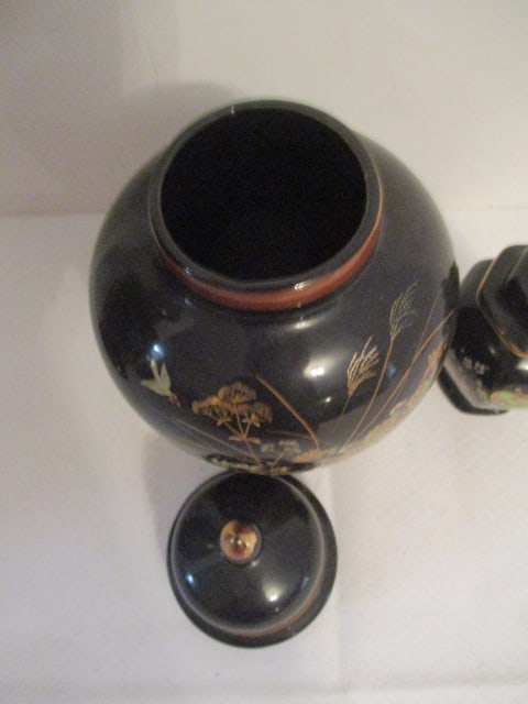 Black Chinoiserie Vase and Ginger Jar with Chinese Pheasant Motif - 5