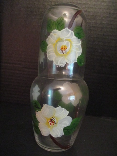 Handpainted Magnolia Bedside Water Carafe Set: 8 1/2"h