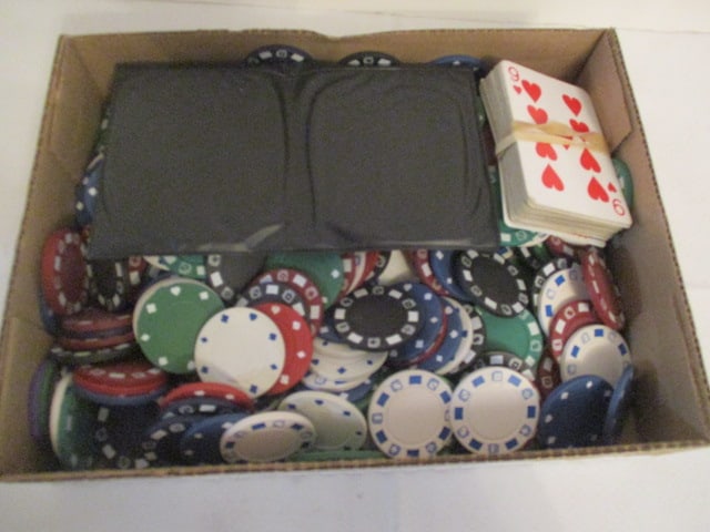 Grouping of Old Poker Chips and Playing Cards: .