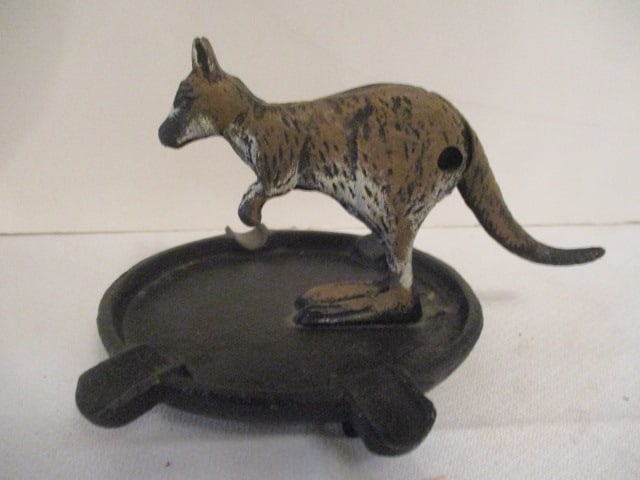 Handpainted Cast Metal Kangaroo Ashtray Match Holder: 4"h
