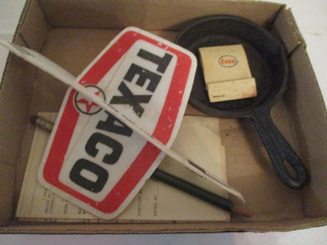 Vintage Oil Company Advertisement Items and Application for Employment: Texaco Glider, Texaco Cast Iron Skillet Ashtray, ESSO Matchbook, The Texas Company Employment Application from 1937 and Pencil From The Texas Company