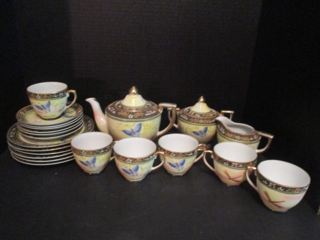 Vintage Old Nippon Dragonfly/Butterfly Japanese Porcelain Tea and Luncheaon Set: .