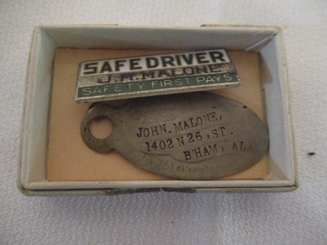 1930's Sterling "Safe Driver" Award Pin and Alabama Driver's License Tag: .