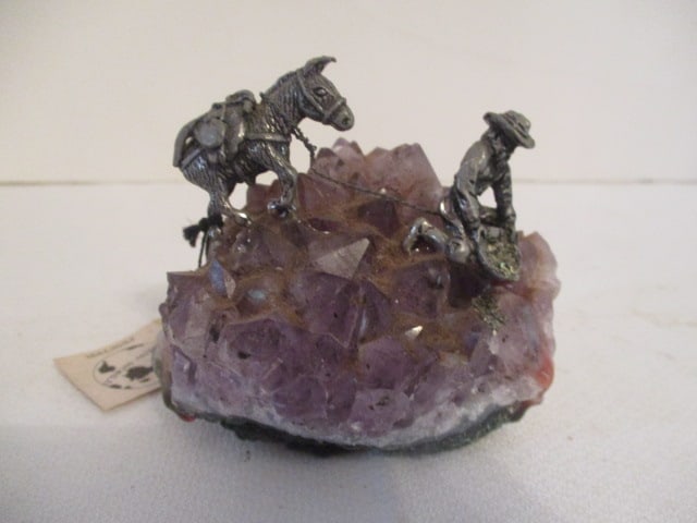 Pewter Miner with Donkey Figures on Amethyst Crystal Geode Chunk: 3"h