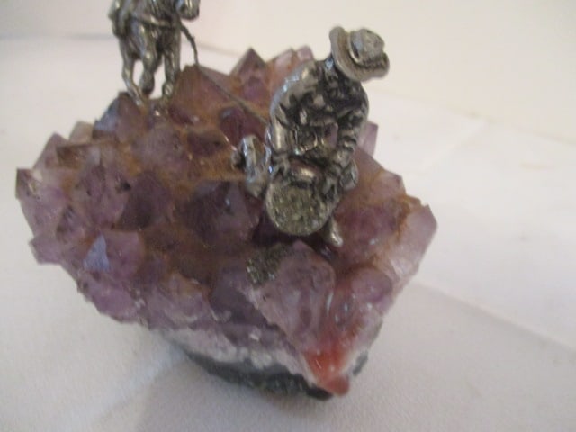 Pewter Miner with Donkey Figures on Amethyst Crystal Geode Chunk - 2