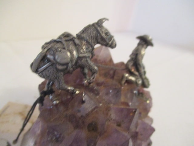 Pewter Miner with Donkey Figures on Amethyst Crystal Geode Chunk - 3