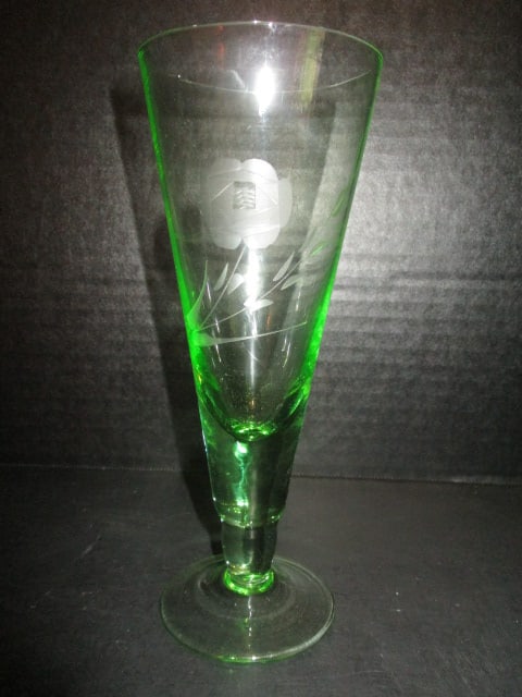 Etched Green Depression Glass Footed Trumpet Vase: 7 1/4"h