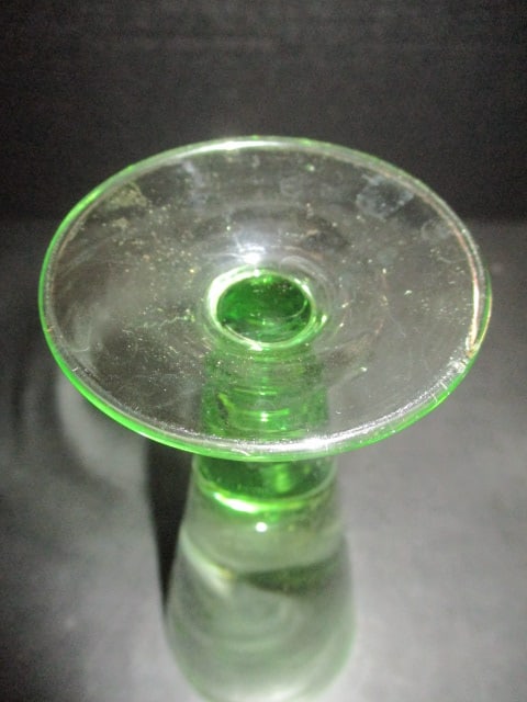 Etched Green Depression Glass Footed Trumpet Vase - 3