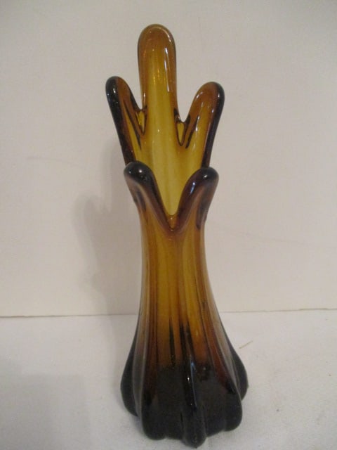 Midcentury Brown-Amber Stretched Art Glass Vase: 9 1/4"h, ground bottom rim