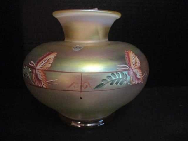 Fenton Handpainted Millennium Collection Butterfly Iridescent Vase: 6 1/2"h, Handpainted signed by Jane Raymonds #1646, has place cards, foil Fenton sticker and signed on bottom