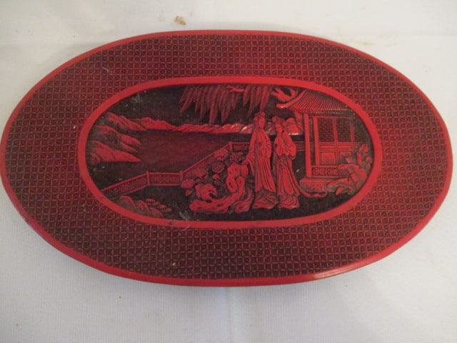 Vintage Chinese Cinnabar Style Pagoda Scene Plaque: 11" x 6 1/2"