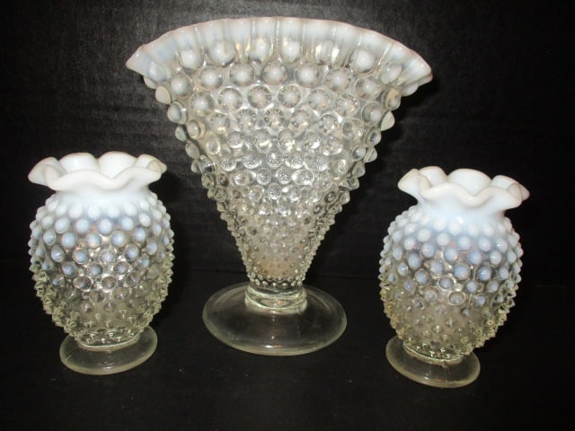Crested Opalescent Hobnail Footed Fan Vase and Pair of Small Ruffle Vases: Fan vase 6 1/4"h, (2)3 3/4"