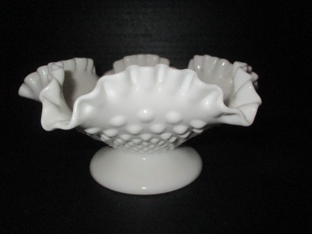 Vintage Footed Milk Glass Hobnail Ruffle Bonbon Dish: 8"dia x 4"h