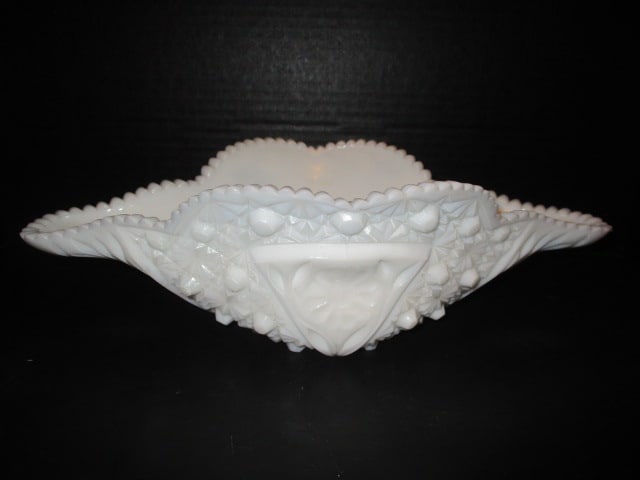 Vintage Milk Glass Daisy & Sawtooth Hobstar Console Bowl: 14 1/4" long