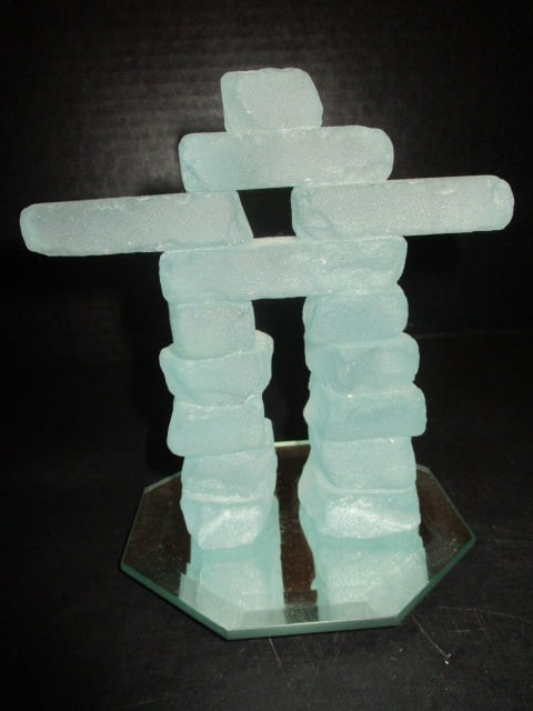 Decorative Inukshuk Style Frosted Glass Figurine with Mirror Display Stand: 5 1/2"h