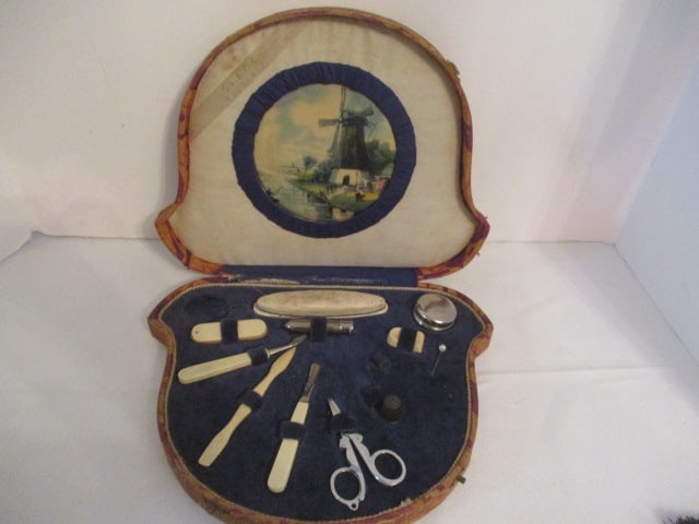 Antique Galallne Ladies Manicure and Sewing Travel/Vanity Set: Sterling thimble, some age wear, case measures 11 1/2" x 9" x 2"