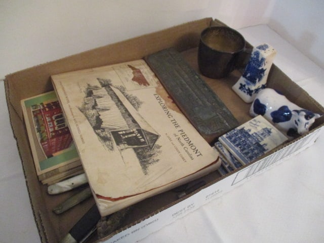 Oddities Grouping-Silverplate Toddler Cup, Delft Tiles, Shaker and Cow Shaker, Print Block: Set, 1940-50's Greenville, SC Location Postcards, Skeleton Key, Old Bullets, Pin Knives, Barlow Multi-Blade Knife, etc.