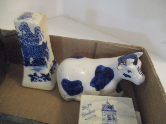 Oddities Grouping-Silverplate Toddler Cup, Delft Tiles, Shaker and Cow Shaker, Print Block - 2