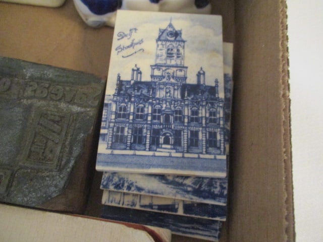 Oddities Grouping-Silverplate Toddler Cup, Delft Tiles, Shaker and Cow Shaker, Print Block - 3