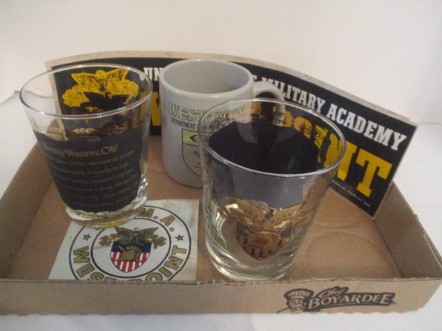 Old United States West Point Bumper Sticker, Mug, Decal and Pair of High Ball Glasses: .