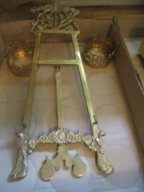 Brass Tabletop Easel and Pair of Brass Pillar Candle Sleeves: easel 17 1/2"h