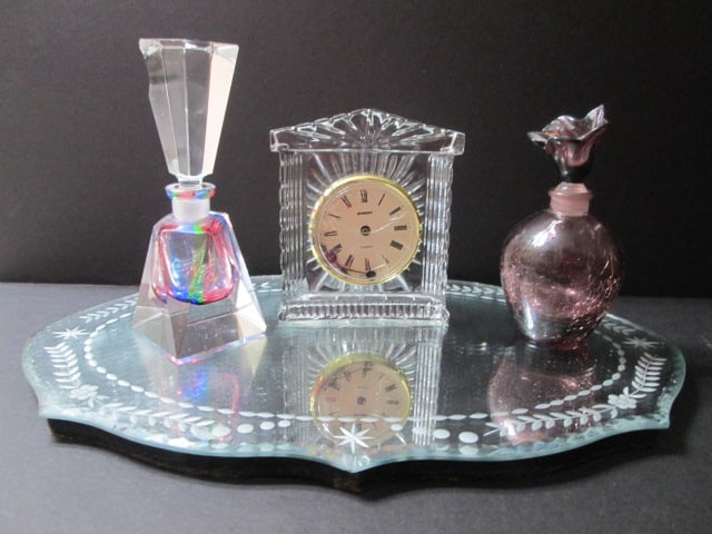 Reverse Etched Vanity Mirror Tray, Staiger Crystal Quartz Vanity/Desk Clock, (1 of 17)