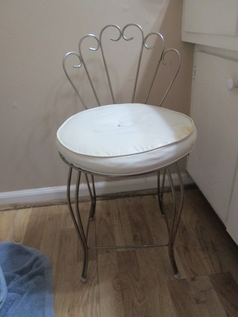 Midcentury Gold Tone Metal Vanity Chair with Button Tufted Vinyl Seat Cushion: 14"w, seat has a few age splits, Local Pickup Only