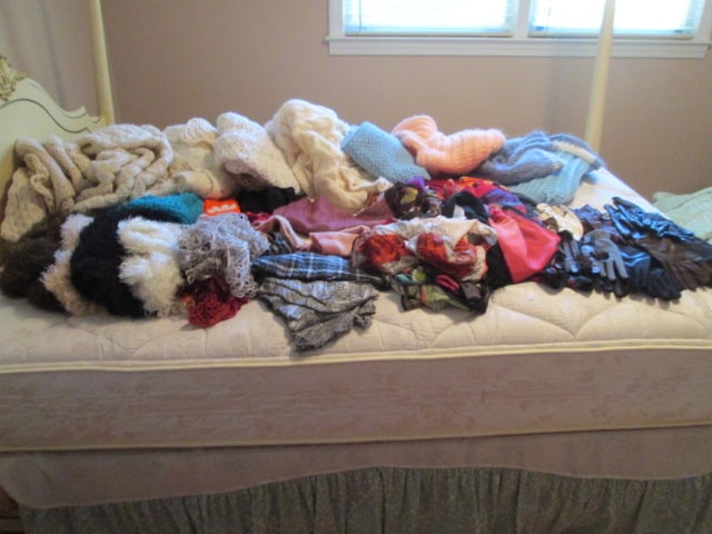 Large Grouping of Ladies Scarves, Gloves, Hand Knitted Shawls, Poncho, Hats, Scarves and: Some Sweaters. Some Vintage, See all pictures and preview, Local Pickup Only