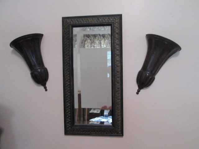 Black/Bronze Frame Beveled Mirror and Pair of Bronzed Metal Wall Pockets: Mirror 12" x 24", wall pockets 7 1/2" x 3 1/2" x 11 1/4", Local Pickup Only