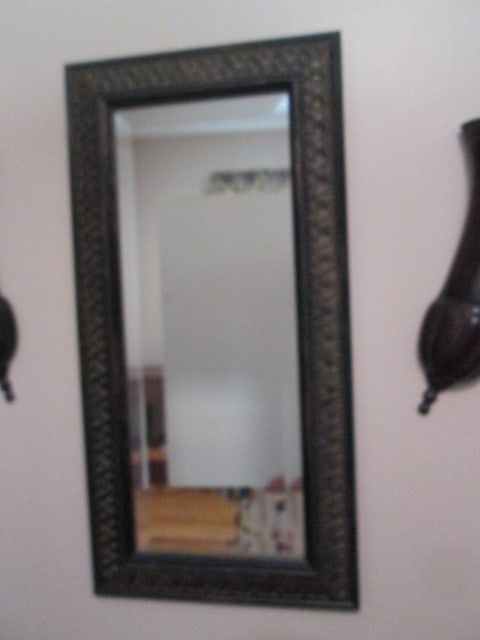 Black/Bronze Frame Beveled Mirror and Pair of Bronzed Metal Wall Pockets - 2