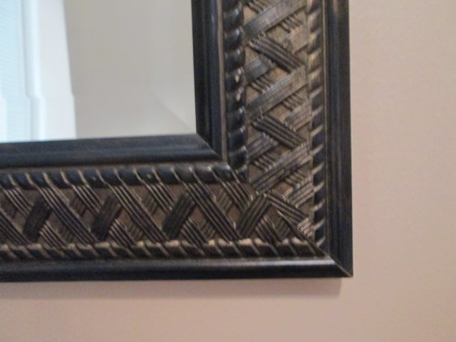 Black/Bronze Frame Beveled Mirror and Pair of Bronzed Metal Wall Pockets - 3