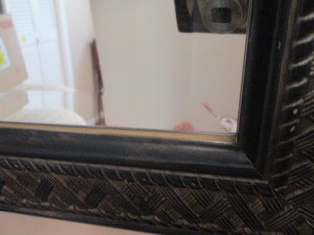 Black/Bronze Frame Beveled Mirror and Pair of Bronzed Metal Wall Pockets - 4