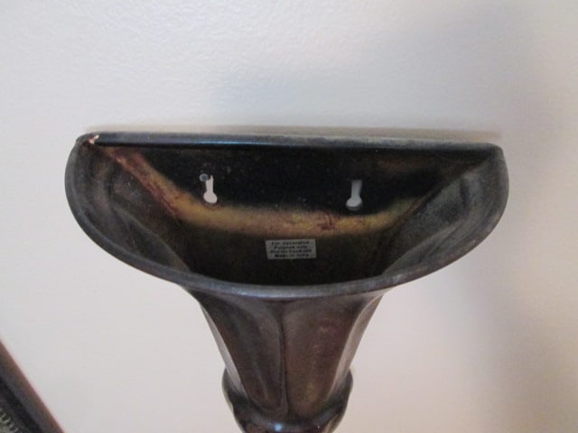 Black/Bronze Frame Beveled Mirror and Pair of Bronzed Metal Wall Pockets - 6