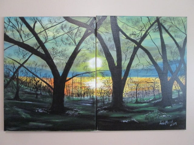 Amie Mead Signed Original 2 Panel Eerie Forest Landscape Stretched Canvas Artwork: each canvas 16" x 20"