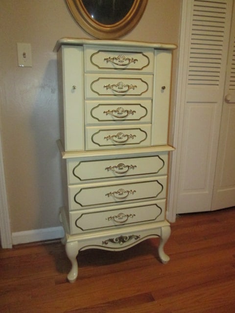 Midcentury Dixie French Provincial Jewelry Armoire: 21" x 14 1/2" x 44", has lined drawers, two swing out necklace keepers and hinged top with mirror, some scuffs, top hinges need nails, Local Pickup Only