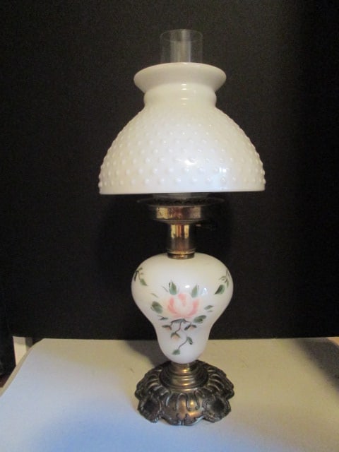 Handpainted Electric Turn Key Hurricane Style Table Lamp with Hobnail Milk Glass Shade: 18"h, Local Pickup Only