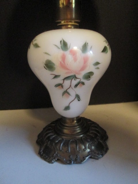 Handpainted Electric Turn Key Hurricane Style Table Lamp with Hobnail Milk Glass Shade - 2