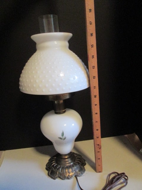 Handpainted Electric Turn Key Hurricane Style Table Lamp with Hobnail Milk Glass Shade - 5