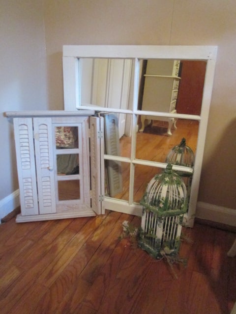Decorative Handpainted Wood Birdcage, Rustic Look Decorative Window Mirror with Shutters: and Painted White Old Window Sash Mirror. Birdcage 14"h, Shutter mirror 13 1/2" x 18 1/4", Window sash mirror 23 3/4" x 28 1/4" x 1 1/4", Local Pickup Only